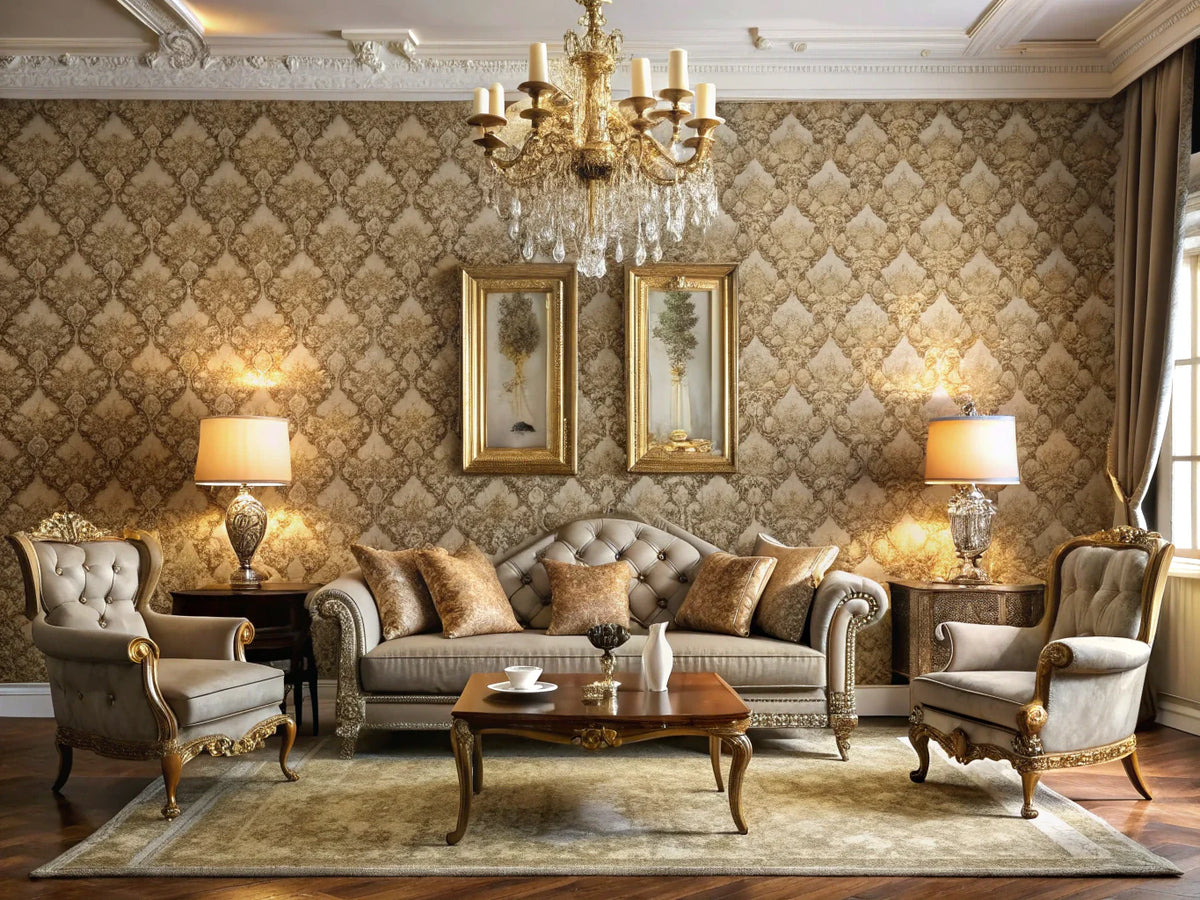 Luxurious interior showcasing textured and faux finish wallpapers with elegant decor.