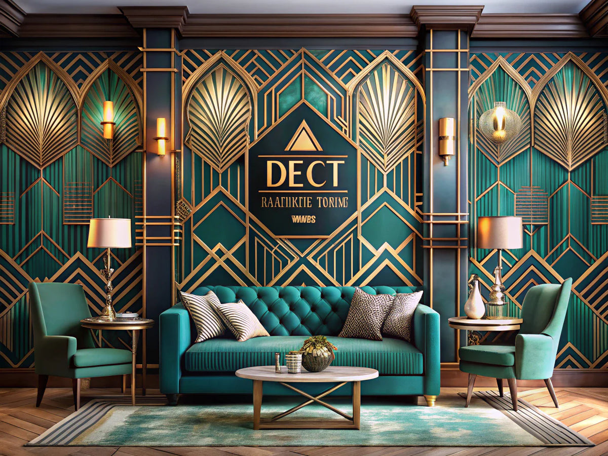 Luxurious interior featuring Art Deco wallpaper with geometric patterns and opulent colors, showcasing elegance and sophistication in home decor.