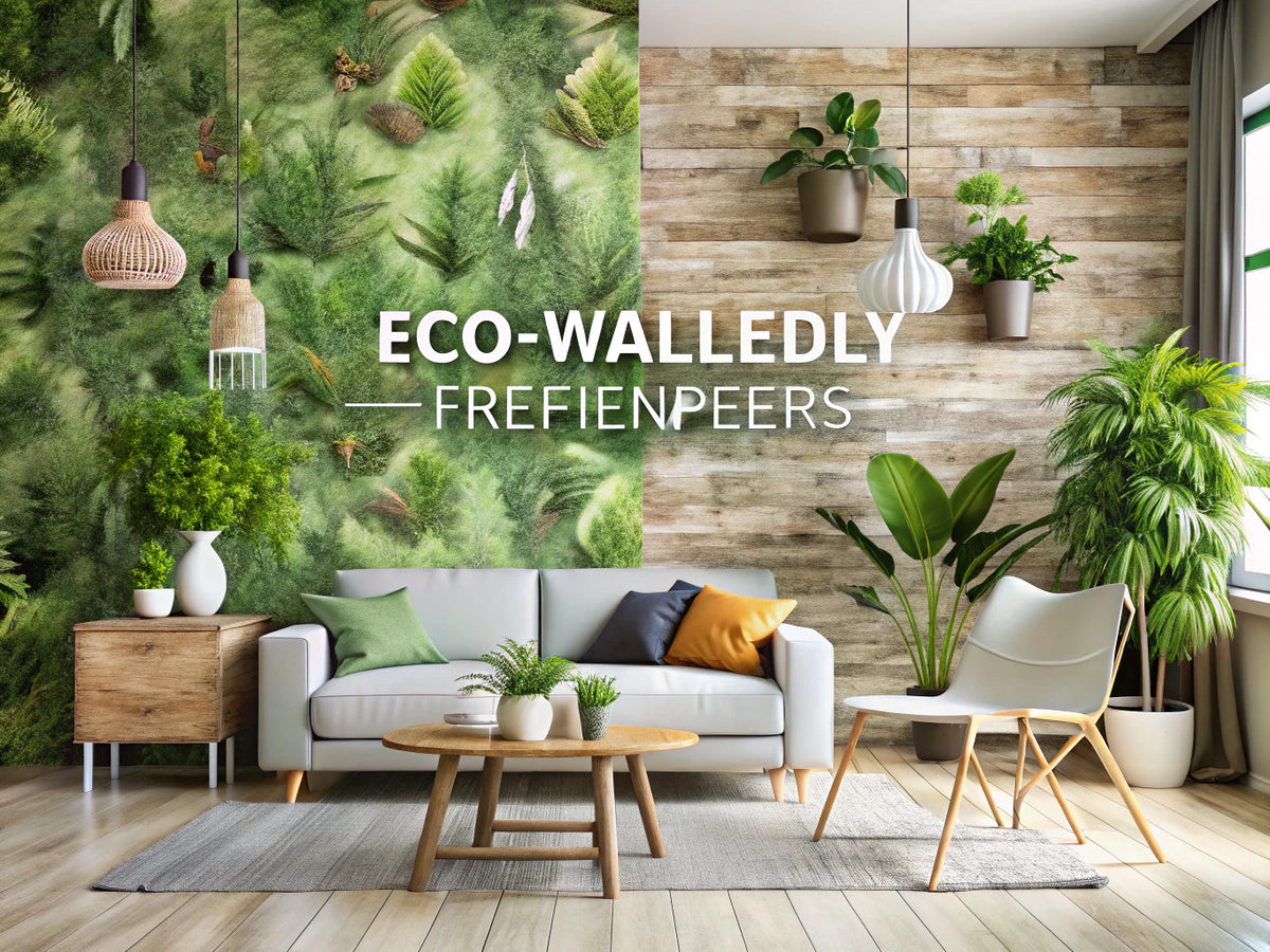 Eco-friendly wallpapers showcasing sustainable wall coverings in a serene interior with natural textures and plants.