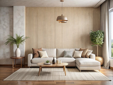 Modern living room with split accent wall—smooth white paint on one side and neutral-toned woven textured wallpaper on the other