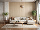 Modern living room with split accent wall—smooth white paint on one side and neutral-toned woven textured wallpaper on the other
