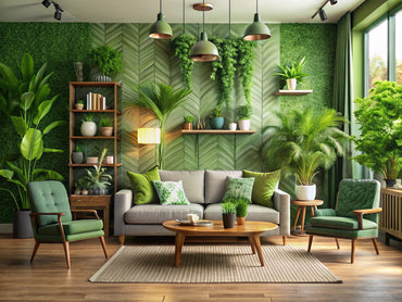 Eco-friendly green wallpaper in a stylish home interior, showcasing sustainable decor.