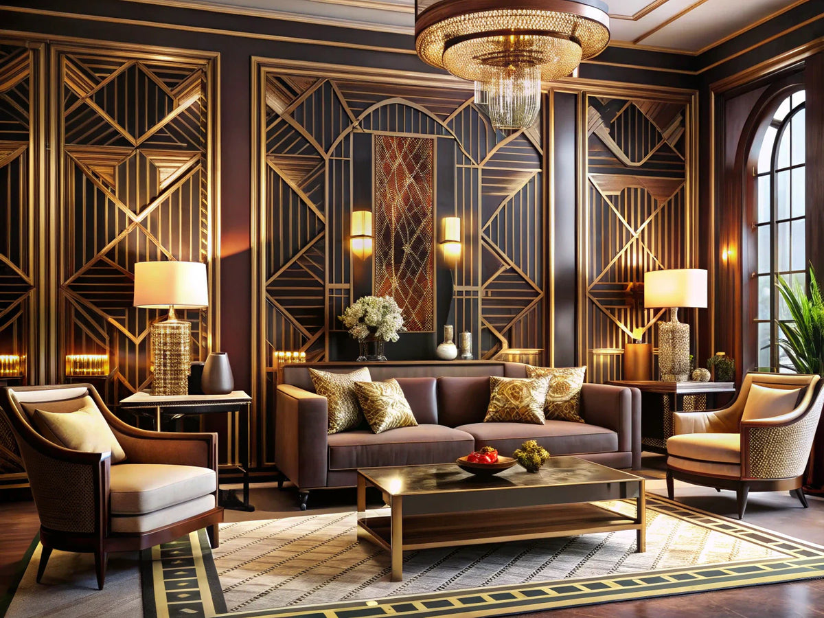 Art Deco Mirage wallpaper showcasing vintage elegance and modern design in a sophisticated interior setting, reflecting the timeless charm of Art Deco style.