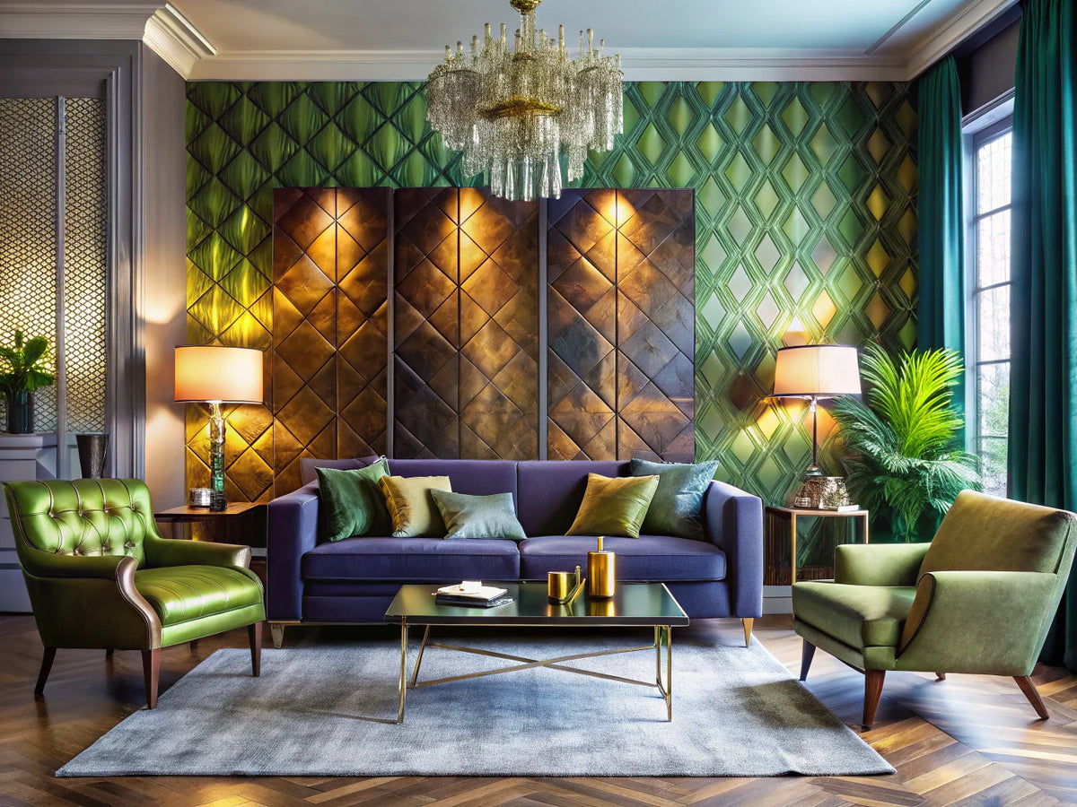 A modern living space showcasing a statement wall with metallic wallpaper and bold colors, reflecting elegance and drama.