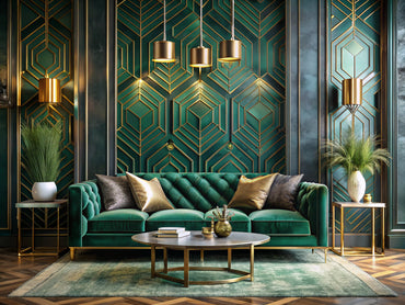 Elegant Art Deco interior with bold black and gold geometric wallpaper, emerald velvet sofa, marble coffee table with brass accents