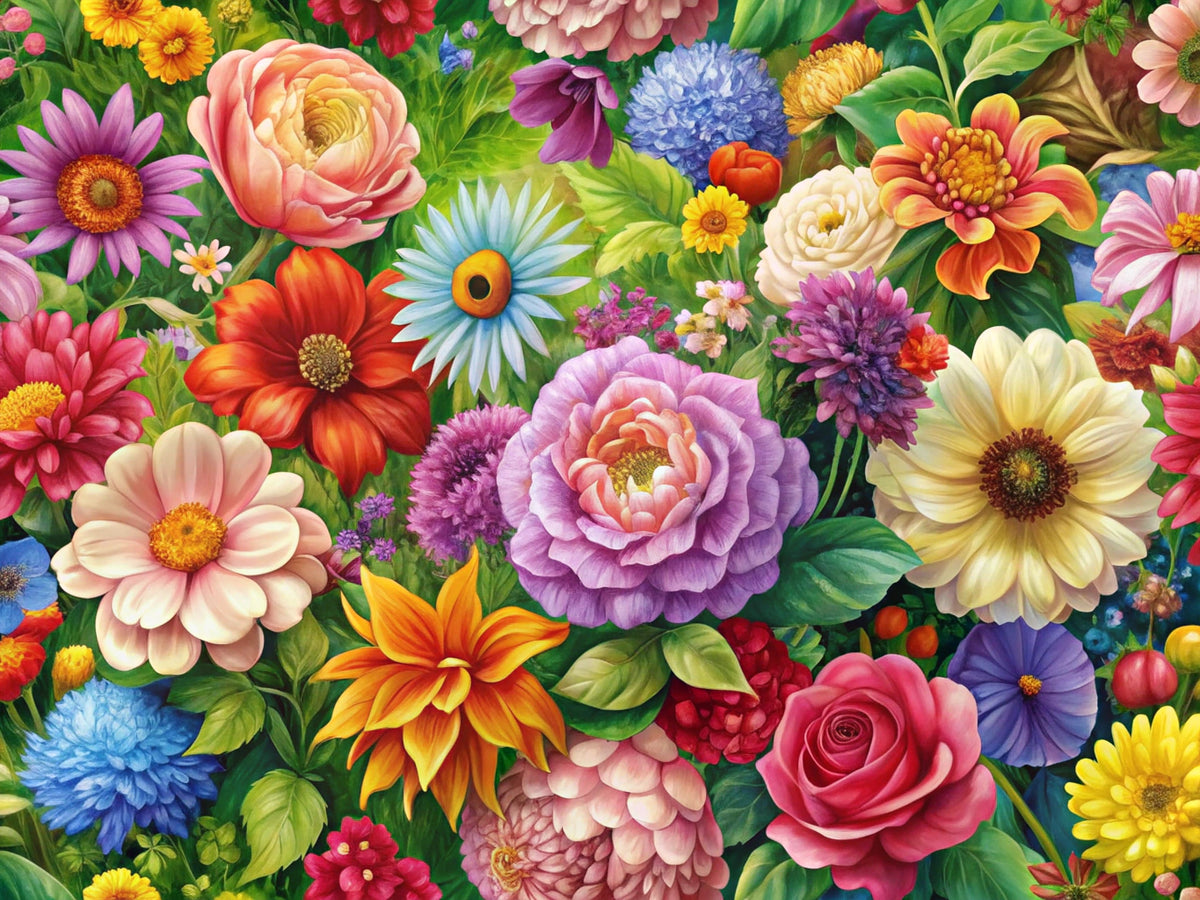 A vibrant floral wallpaper design featuring colorful flowers in a lush garden, perfect for a blog review on floral wallpaper.