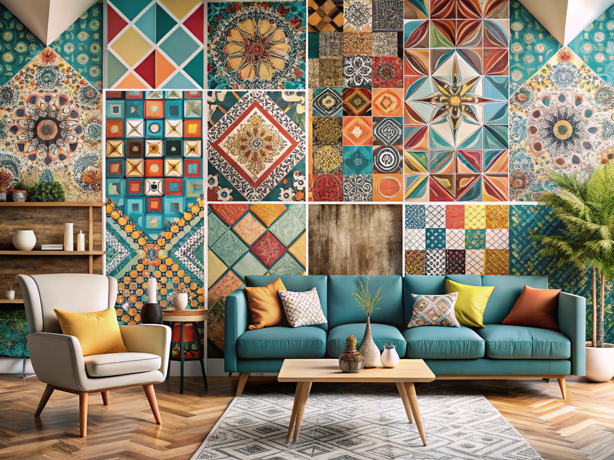 A collection of stunning geometric and abstract wallpaper patterns showcasing bold colors and intricate designs, perfect for transforming any room.