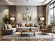 Modern living room with textured wallpaper accent wall and contemporary neutral furniture