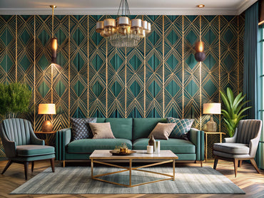 Modern living room with metallic gold and deep teal Art Deco wallpaper accent wall, mid-century modern furnishings, and elegant ambient lighting