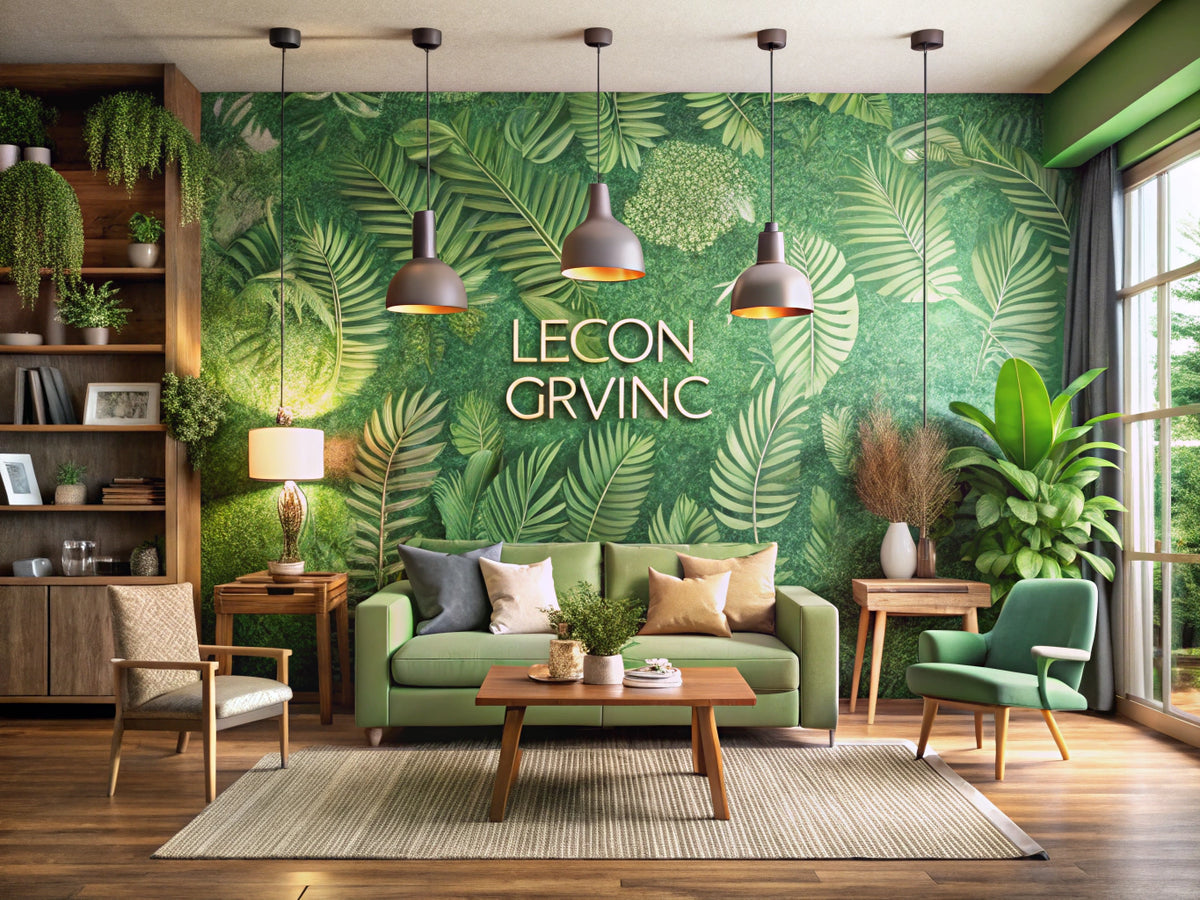 A cozy living room featuring eco-friendly green wallpaper, showcasing modern decor and natural elements.