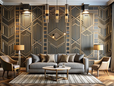 A modern interior featuring Art Deco and Geometric Maze wallpaper designs, showcasing a stylish contrast in a chic living space.