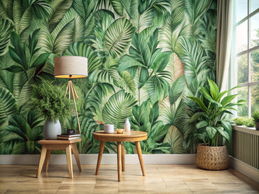 Modern interior corner with green botanical eco-friendly wallpaper, wooden side table, and potted plants.