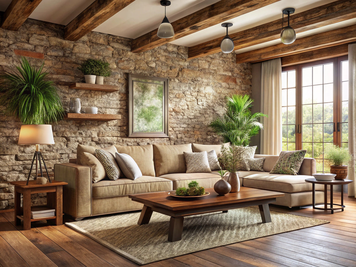 Rustic living room with warm stone-effect textured wallpaper and natural wood accents