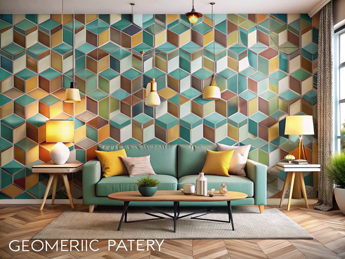 A modern interior showcasing geometric wallpaper patterns, highlighting the resurgence of geometric designs in contemporary decor.