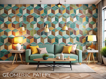 A modern interior showcasing geometric wallpaper patterns, highlighting the resurgence of geometric designs in contemporary decor.