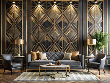 Luxurious living room with black and gold geometric Art Deco wallpaper and brass-accented furnishings
