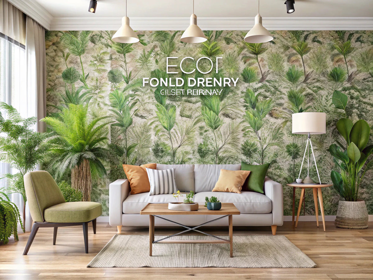 Eco-friendly wallpaper designs in a stylish living room, showcasing sustainable and green living decor.
