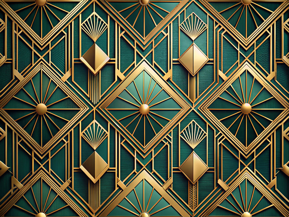 Luxurious Art Deco wallpaper with gold geometric patterns in a sophisticated interior setting.