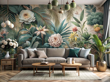 Modern living room with botanical wallpaper featuring oversized florals, eco-friendly materials, metallic accents, and immersive nature-inspired mural elements.