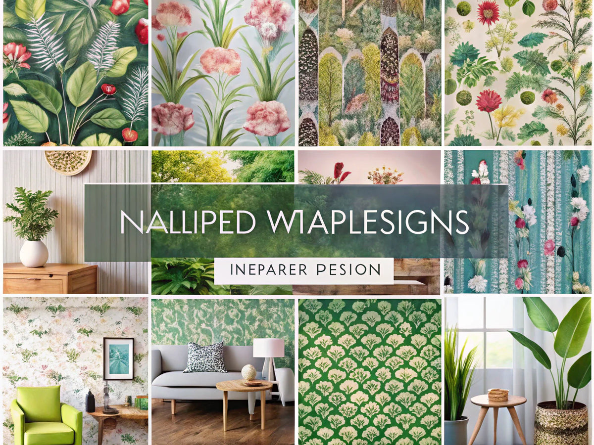 A collage showcasing popular wallpaper designs featuring nature-inspired prints, bold patterns, and textured finishes, representing contemporary wallpaper trends.