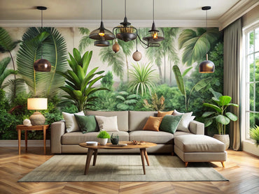 Stylish living room with nature-inspired botanical wallpaper accent walls and lush greenery