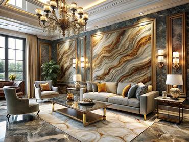Luxurious interior showcasing marbled and textured wallpapers, highlighting elegant designs and rich colors for opulent home decor.