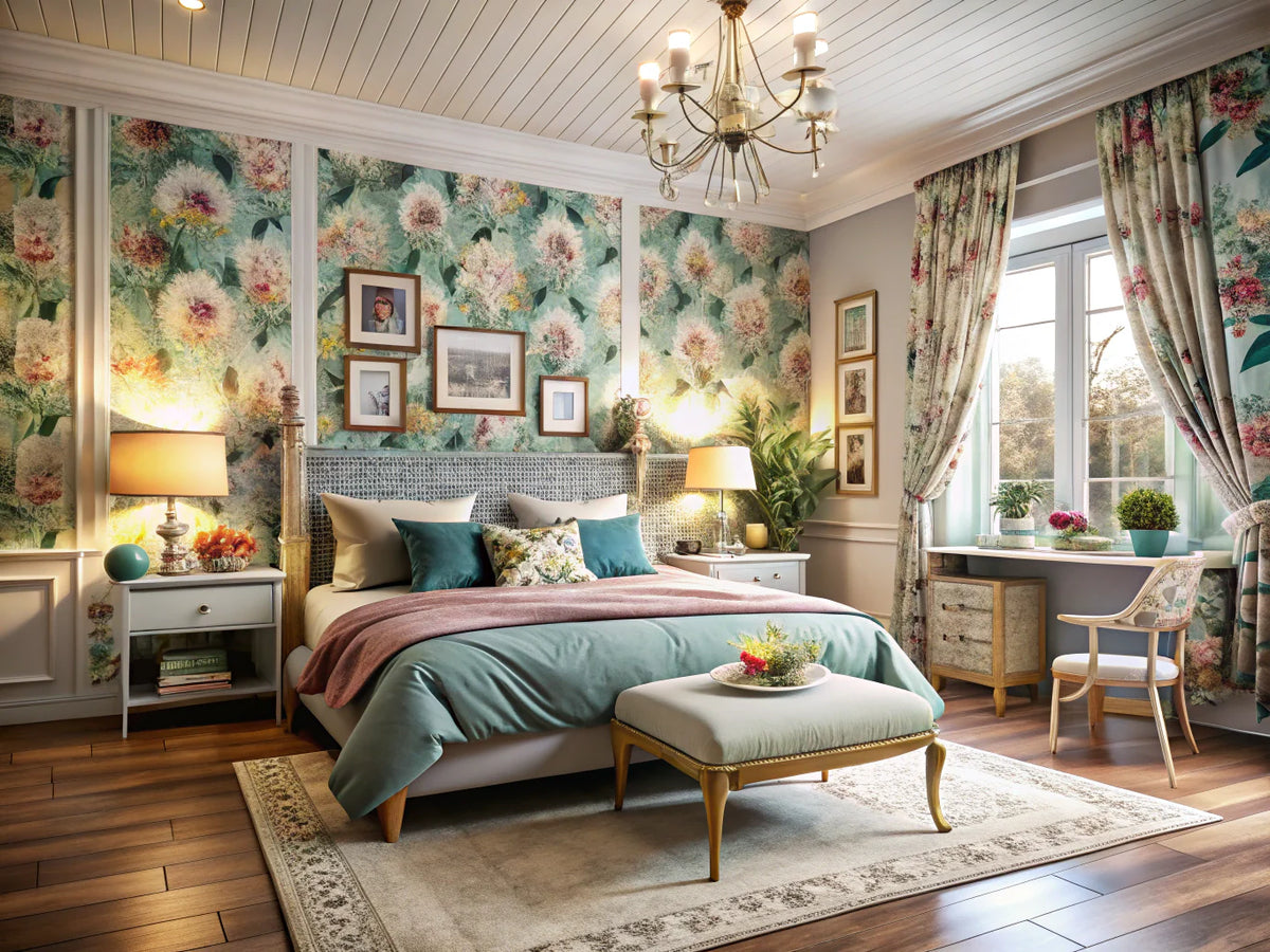 Cozy bedroom showcasing a variety of stylish wallpapers in different patterns and colors, creating an inviting atmosphere.