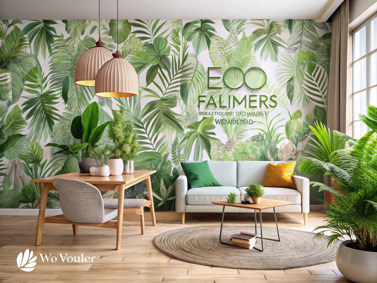 Eco-friendly wallpaper designs in a serene interior space with natural elements, emphasizing sustainability and a green lifestyle.