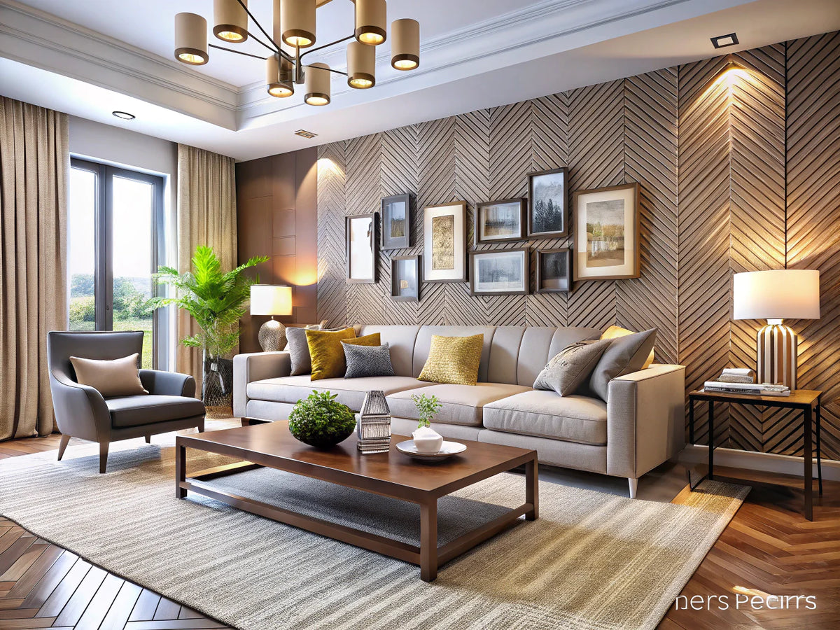 A modern living room showcasing textured wallpaper trends with contemporary furniture and elegant decor.