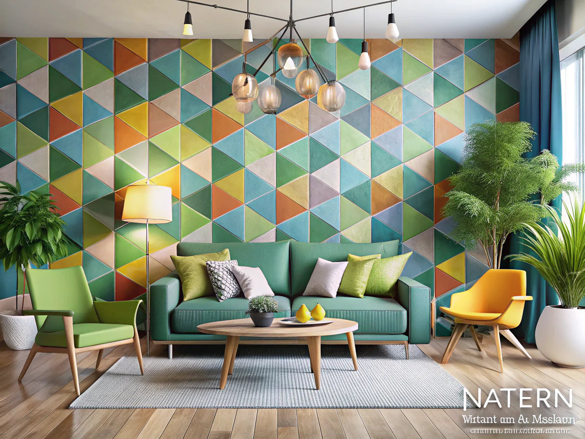 Modern interior with innovative wallpaper designs showcasing geometric patterns and vibrant colors.
