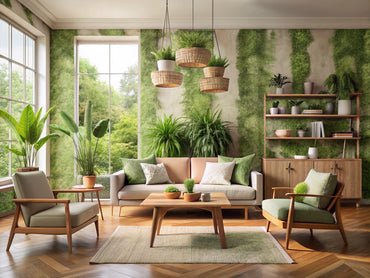 Serene living room with green botanical eco-friendly wallpaper, natural wood furniture, organic linens, and potted plants.