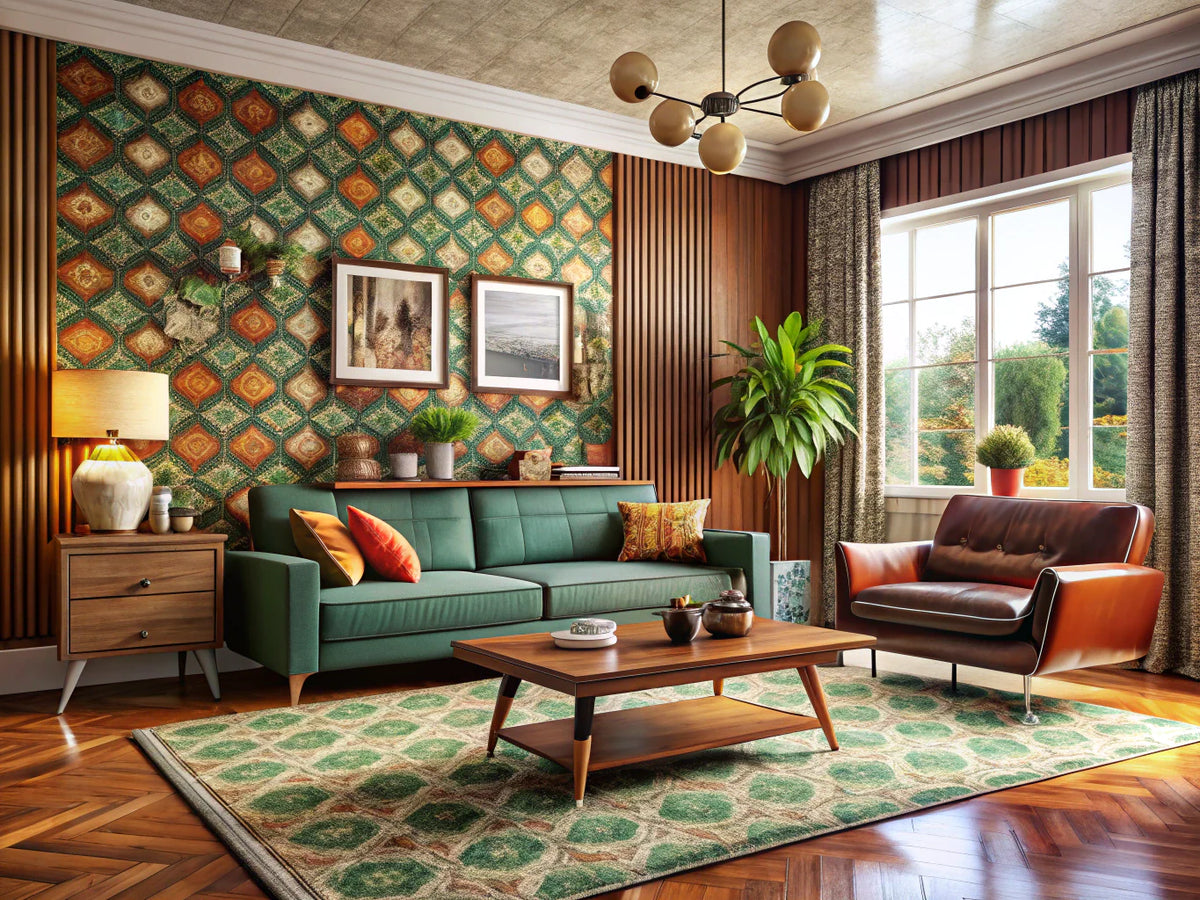 A stylish living room showcasing retro home decor with bold wallpaper, vintage rug, midcentury furniture, and moody color palette.