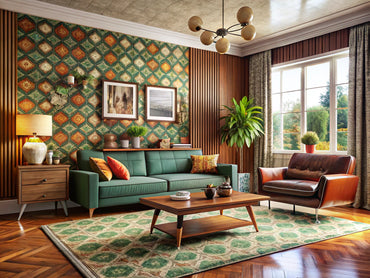 A stylish living room showcasing retro home decor with bold wallpaper, vintage rug, midcentury furniture, and moody color palette.