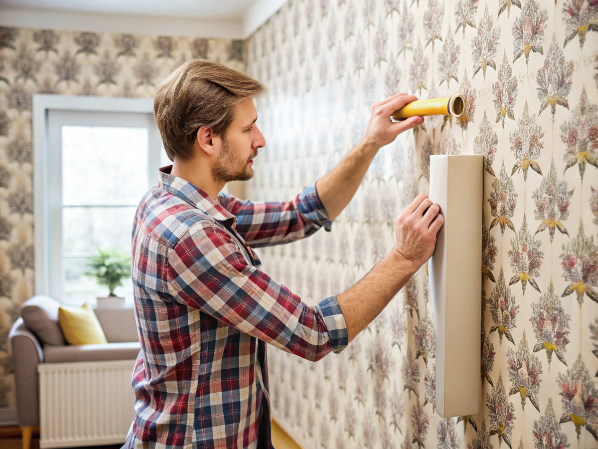 A person installing wallpaper in a stylish room, showcasing DIY tools and partially applied wallpaper.