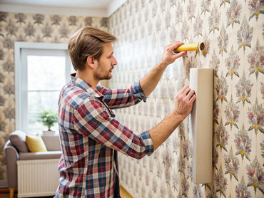 A person installing wallpaper in a stylish room, showcasing DIY tools and partially applied wallpaper.