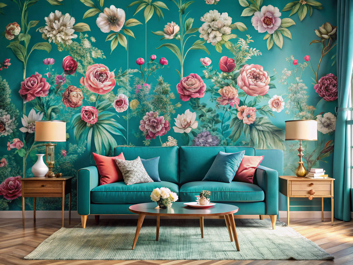 A stylish living space showcasing a blend of teal and floral wallpaper, highlighting the contrast between tranquility and vibrant nature in home decor.