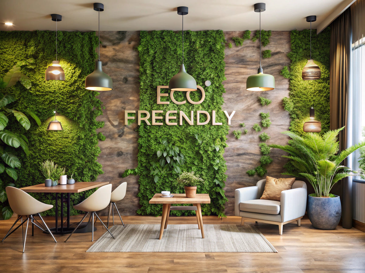 A stylish interior featuring eco-friendly wallpaper with natural textures and earthy colors, emphasizing sustainability and elegance.