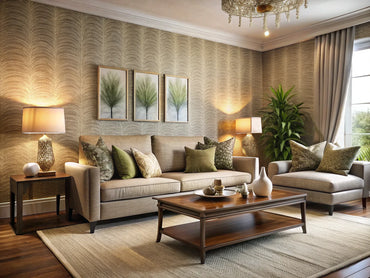 A cozy interior showcasing various textured wallpapers that add depth and warmth to any room, featuring designs like linen and grass cloth.