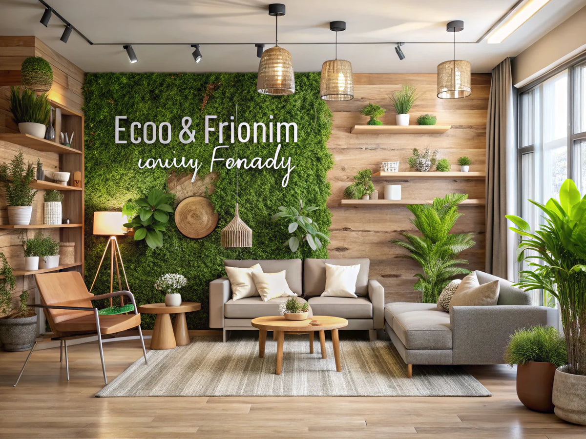 A modern living room with eco-friendly wallpaper, featuring natural materials, plants, and sustainable decor elements.
