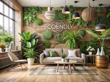 Eco-friendly wallpaper design in a serene interior, featuring natural elements and earthy colors, promoting sustainability in home decor.