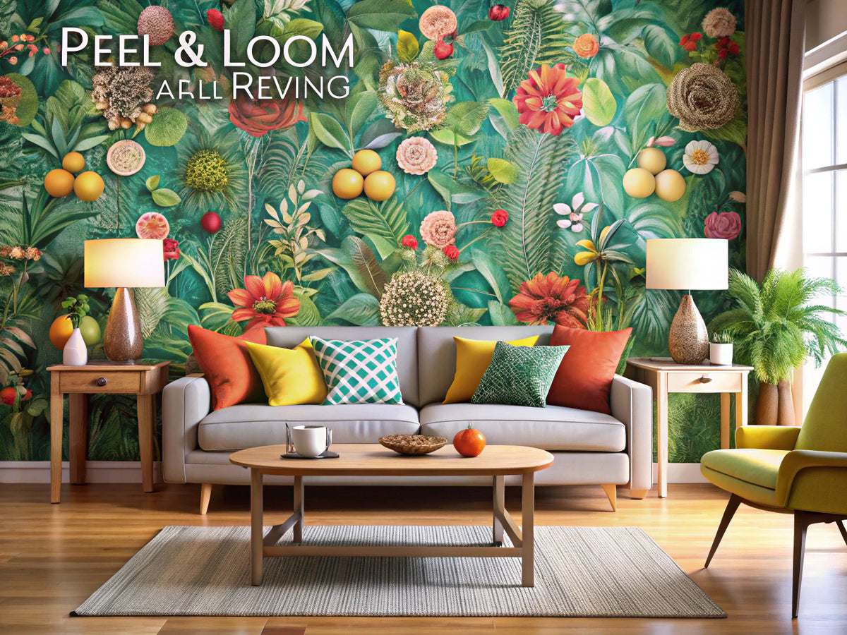 A modern living room showcasing vibrant peel-and-stick wallpaper, enhancing the interior design with stylish furniture and decorative elements.