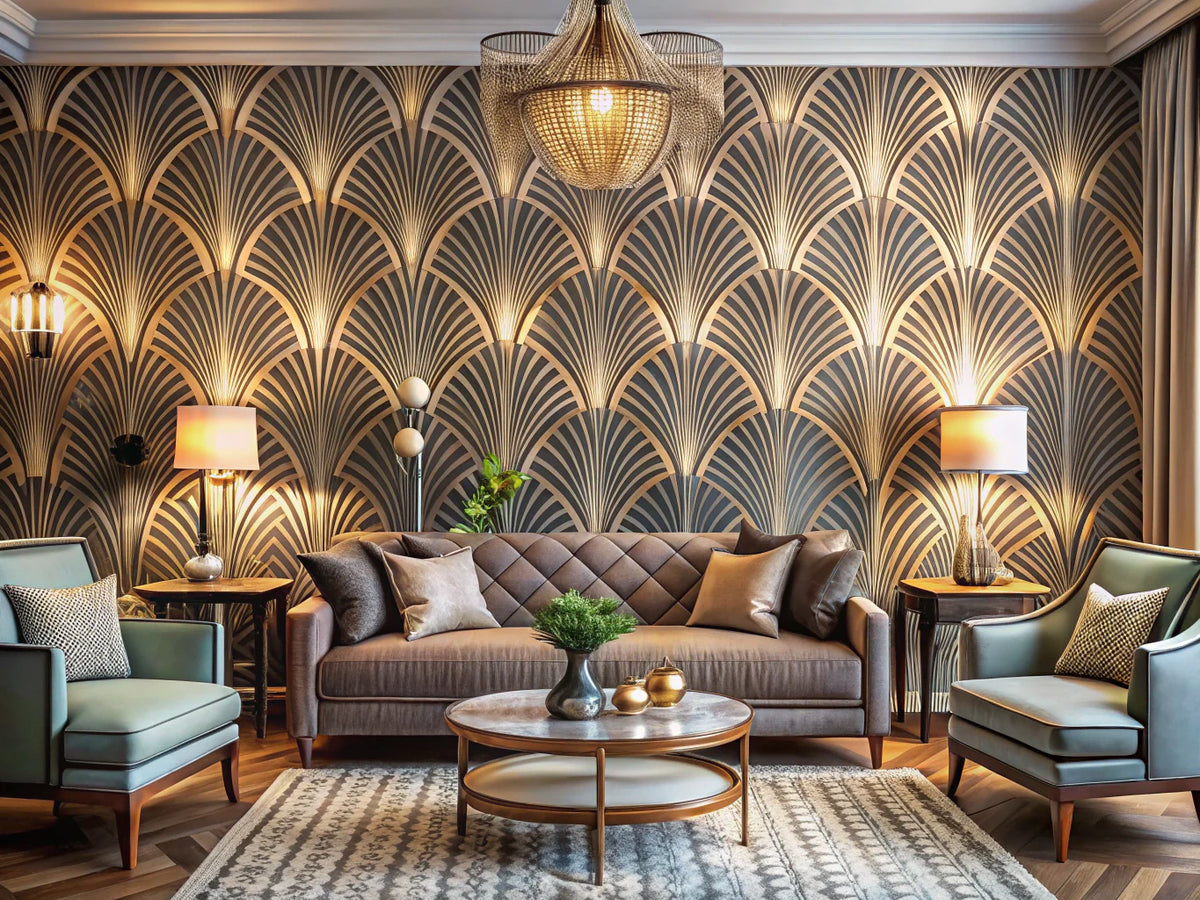 Elegant interior showcasing Art Deco wallpaper with geometric patterns, reflecting timeless sophistication and vintage charm.