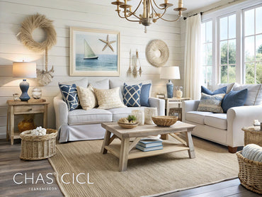 A serene coastal chic interior showcasing soft whites, sandy beiges, and navy blues with nautical decorations, evoking tranquility and style reminiscent of a beachside retreat.