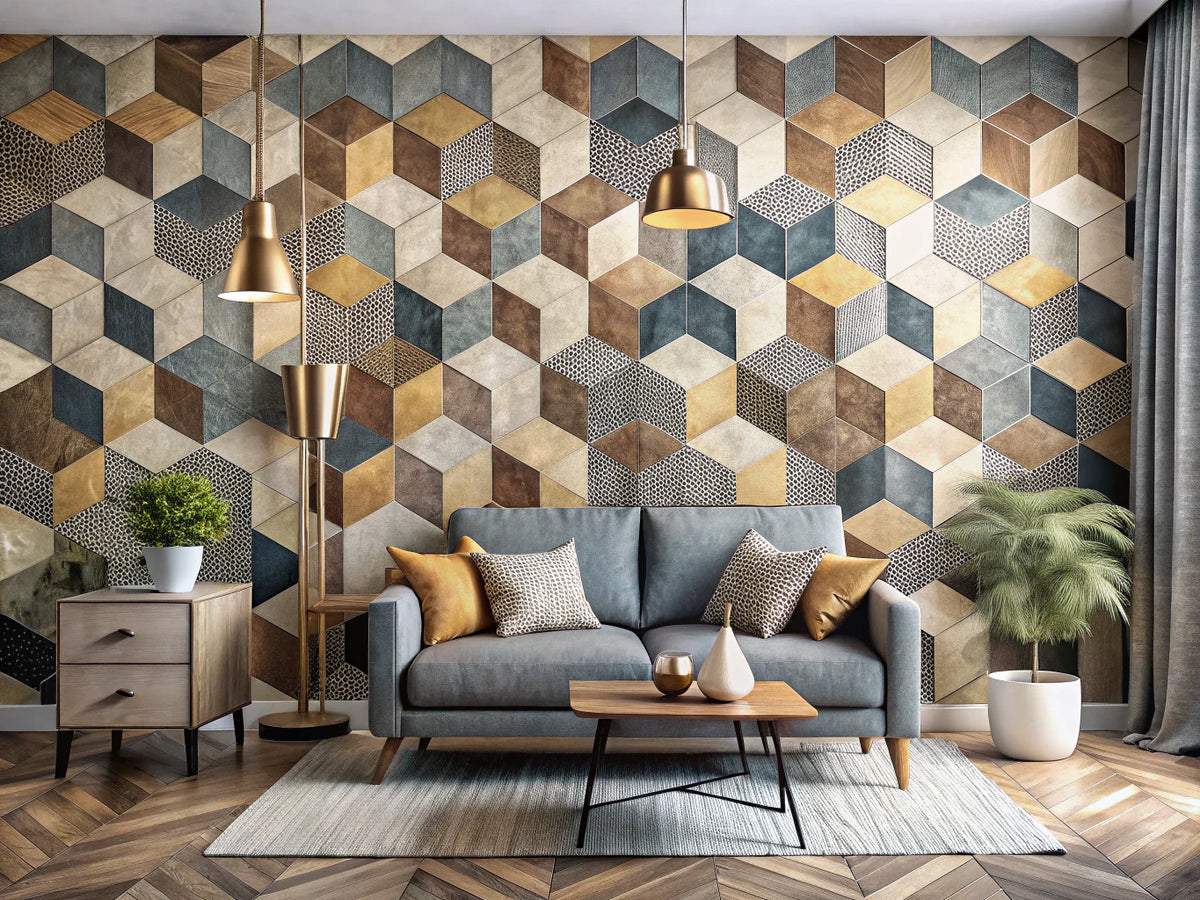A modern geometric wallpaper design featuring bold patterns and textures, showcasing 2025's creative trends.