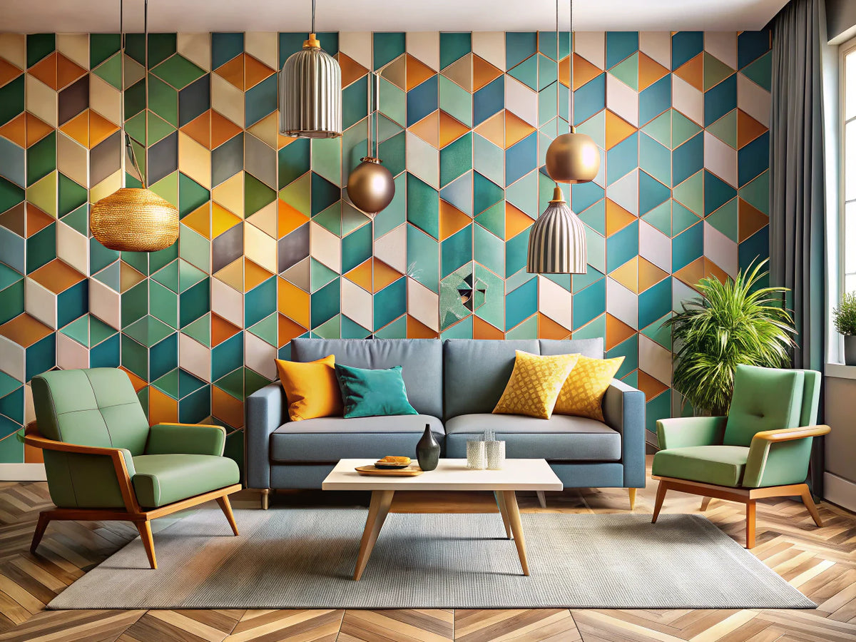 Modern living room featuring geometric wallpaper, showcasing contemporary furniture and vibrant colors that enhance aesthetics and functionality.