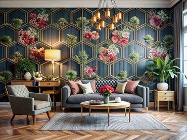 A stylish interior featuring a blend of floral and geometric wallpaper designs, showcasing elegance and sophistication in decor.