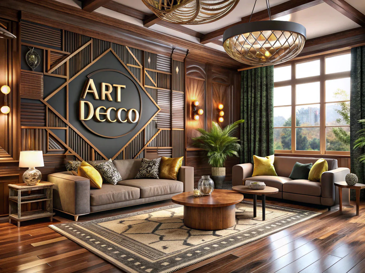 A blend of Art Deco and Rustic interior design styles, showcasing geometric patterns and luxurious materials alongside warm wooden textures and vintage furnishings, reflecting vintage charm for modern homes.