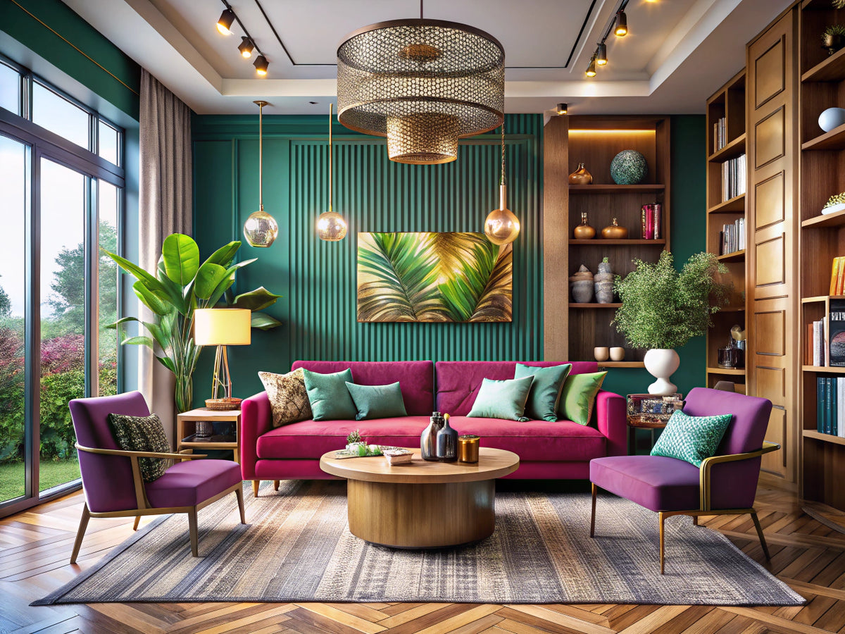 Innovative interior design trends for 2025 featuring bold colors, eco-friendly materials, multifunctional furniture, biophilic elements, and smart home technology integration.