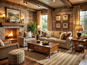 Cozy living space featuring rustic weave textured wallpaper, warm lighting, and inviting decor elements.