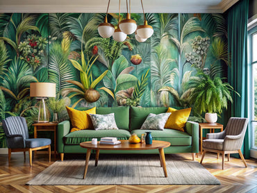 Modern living room with 2025 wallpaper trends featuring nature-inspired designs, bold patterns, and sustainable materials.